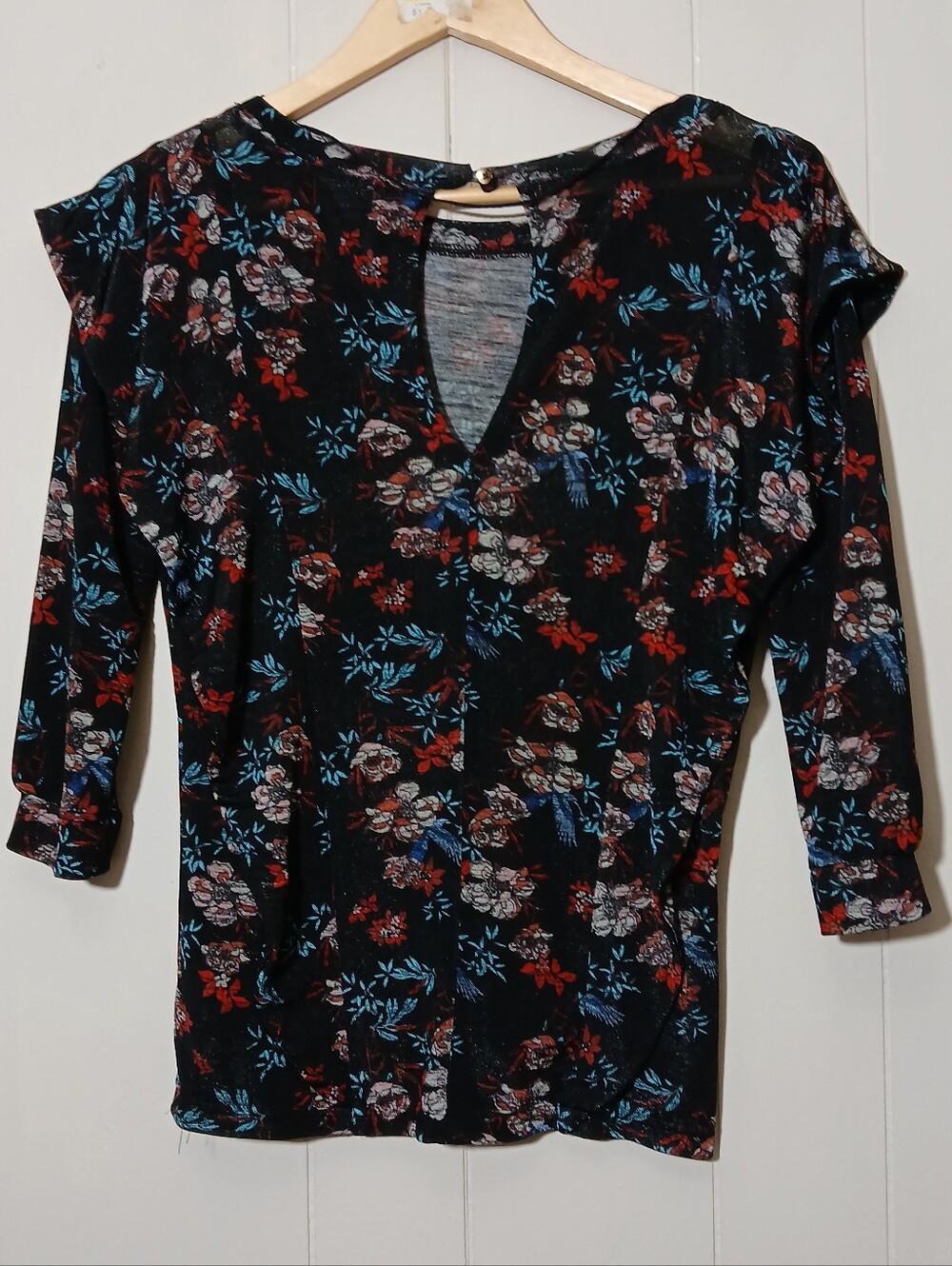 Free People Dock Street Top Black Floral Stretch Knit Ruffles Boho Dark Romance - Picture 4 of 7